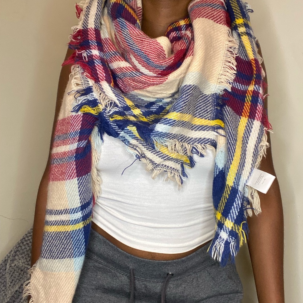 Red, yellow, blue, tan and white scarf